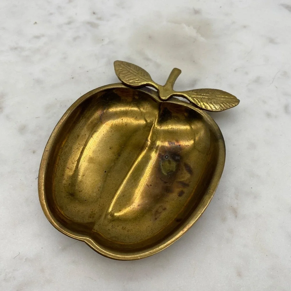 Vintage‎ solid Brass Apple Coin Jewelry Tray Catch All trinket dish